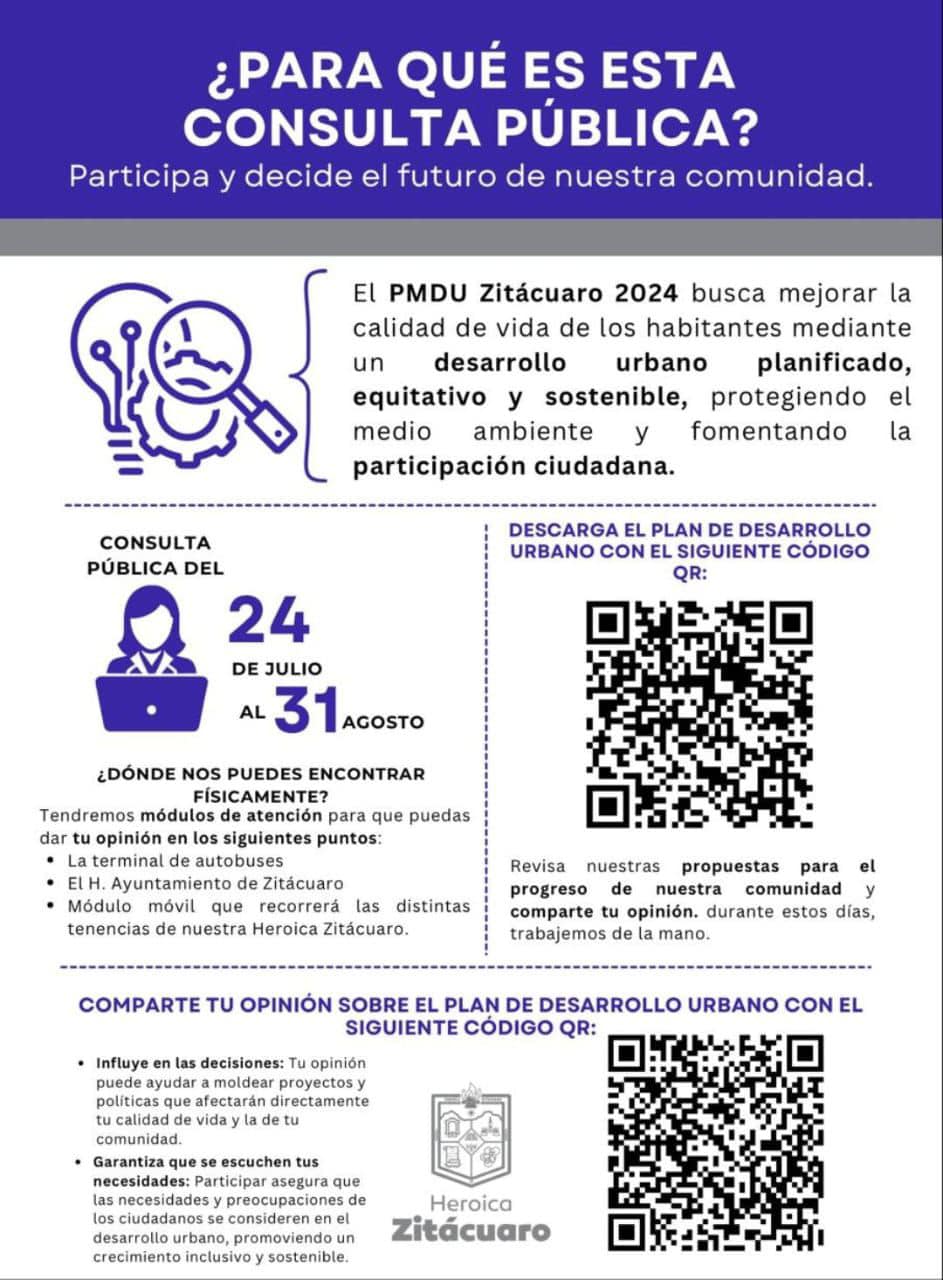 CONSULTA PÚBLICA DEL PROCESO DE ELABORACIÓN DEL PROGRAMA MUNICIPAL DE DESARROLLO URBANO DE ZITÁCUARO, MICHOACÁN.